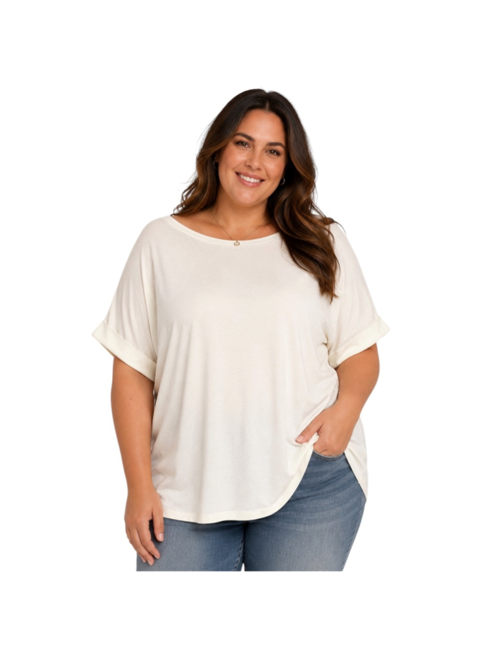 Karen Scott Roll Sleeve Boat Neck Top Women’s 1X Ivory Soft Stretch Casual Plus